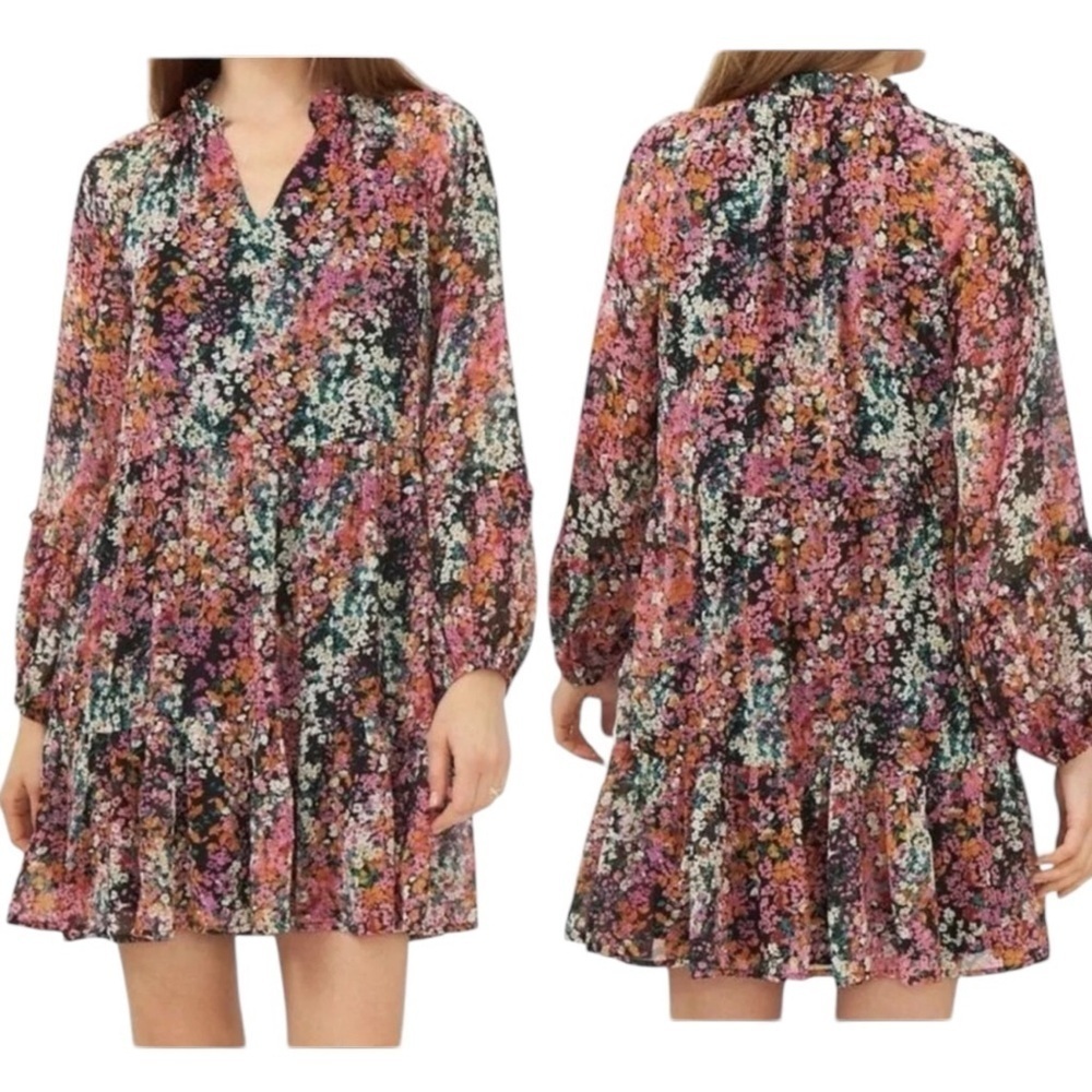 Vince Camuto Multicolor Floral Tiered Long Sleeve Dress Boho Womens Size XS